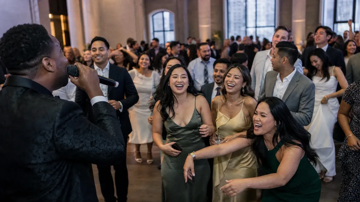 Wedding MC hyping a full dance floor at a reception