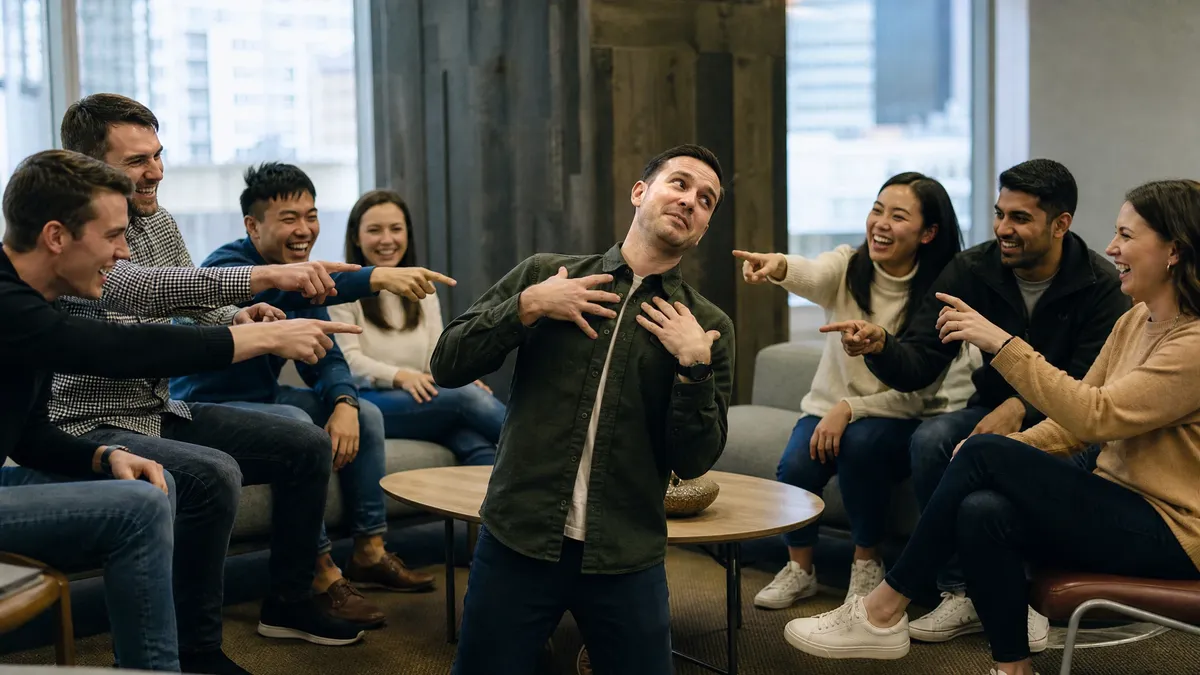 Coworkers split into two groups debating a would you rather question across an office lounge