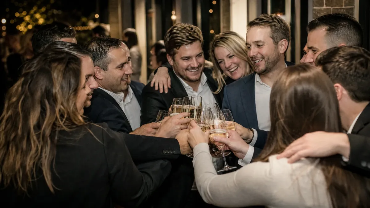 Team huddle toast with sparkling drinks celebrating a big year