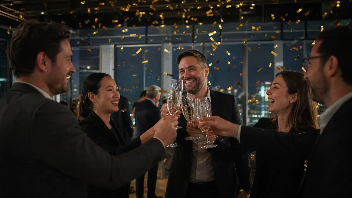 Team toasting with champagne as confetti falls at a corporate year-end party