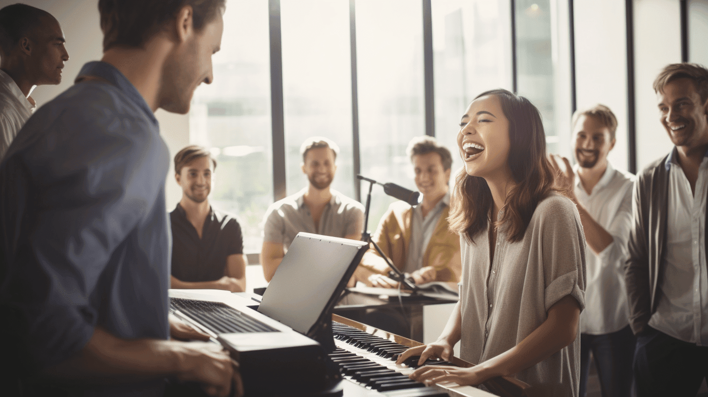 Team creating their company anthem in a modern office setting
