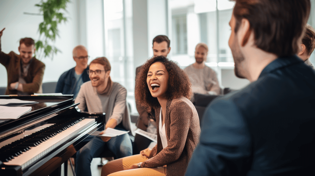 Songwriting workshop in a modern office environment