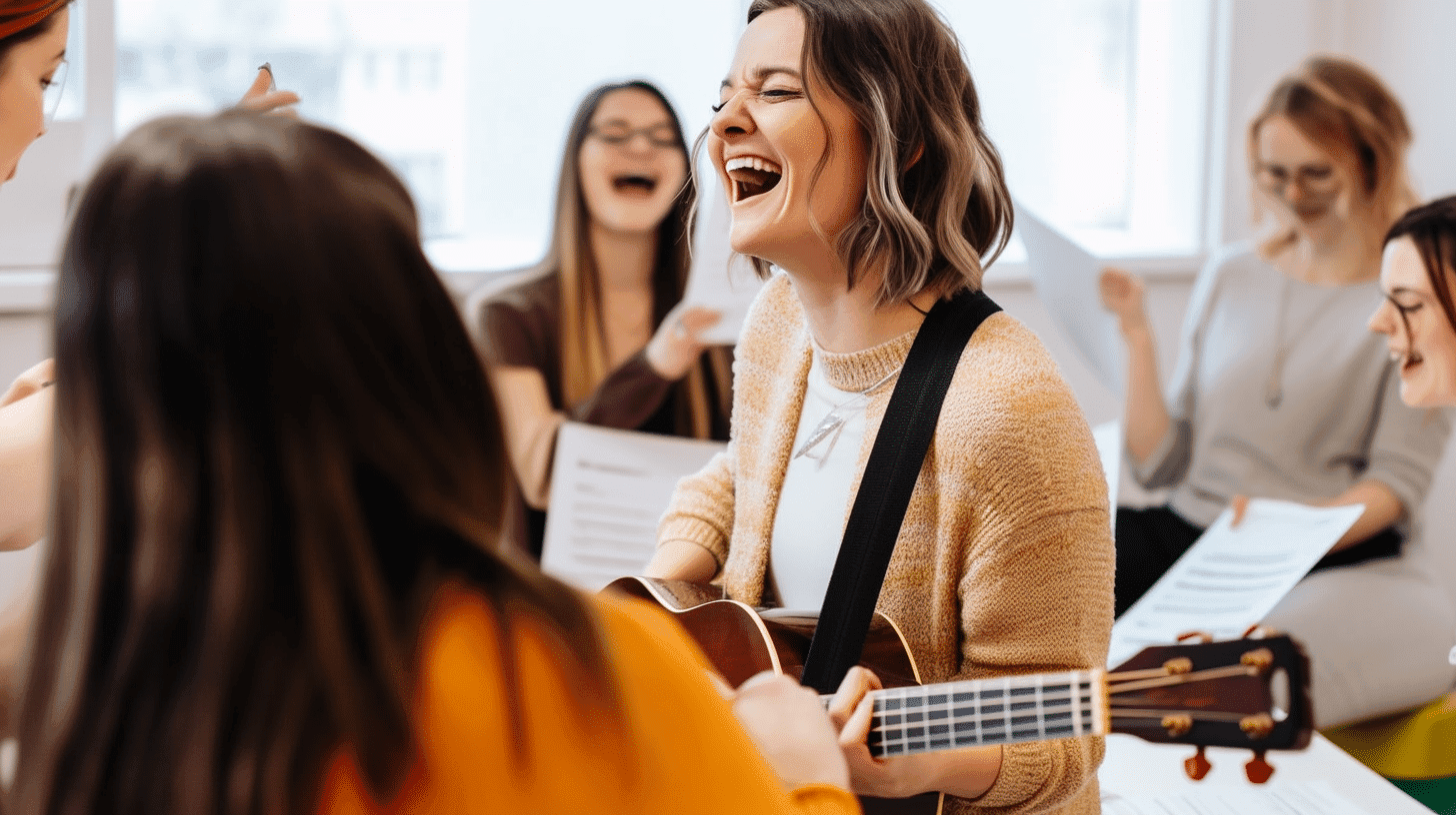 Team performing their original song live at a corporate event