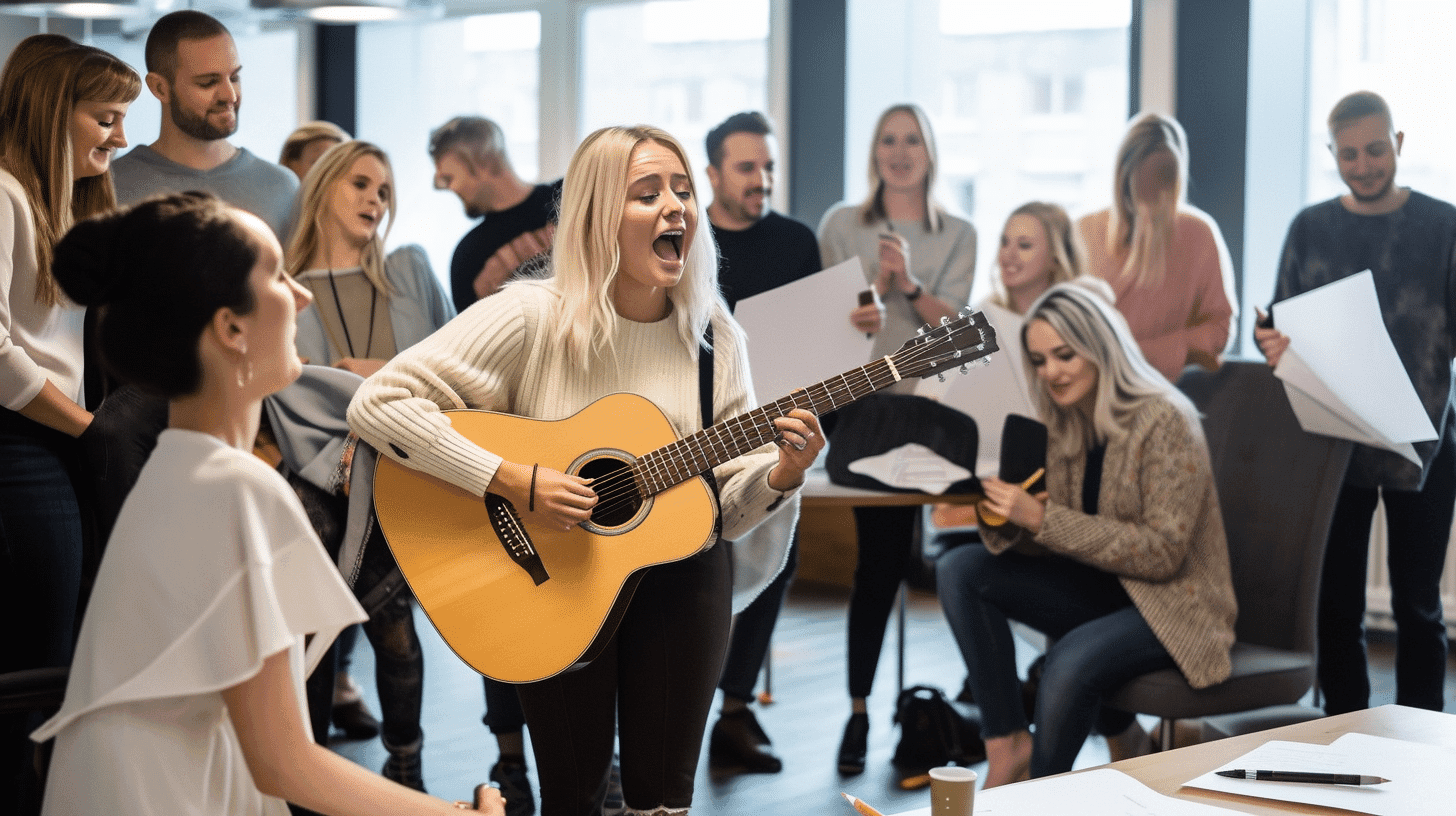 Team collaborating during a Song Co-Lab songwriting workshop