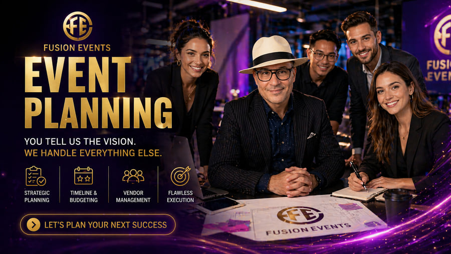 Fusion Events Toronto event planning team gathered around a venue floor plan, laptops and design boards on the table, ready to execute strategic planning, timelines, vendor management, and flawless execution