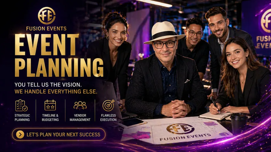 Fusion Events Toronto event planning team gathered around a venue floor plan, laptops and design boards on the table, ready to execute strategic planning, timelines, vendor management, and flawless execution