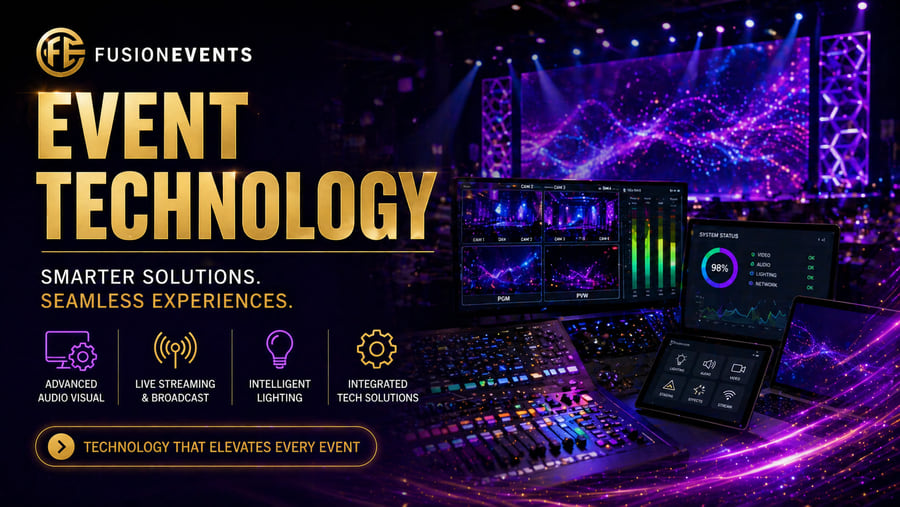 Fusion Events live production rig with multi-camera switcher, audio mixing console, intelligent lighting controllers, and real-time system-status dashboard powering an LED-stage corporate event