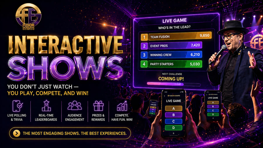 Fusion Events host running a live interactive game show with on-screen team leaderboard and audience members playing along on their phones in real time