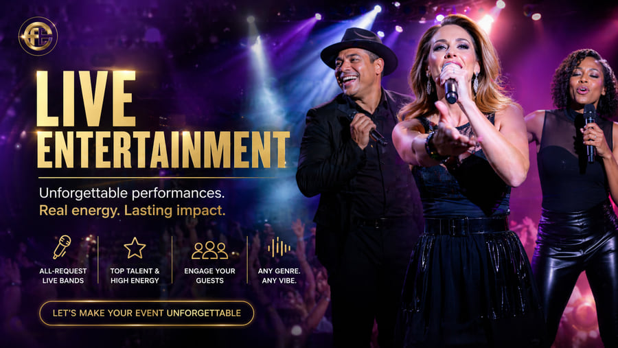 Fusion Events all-request live band singers performing on stage with purple and gold spotlights at a Toronto corporate event