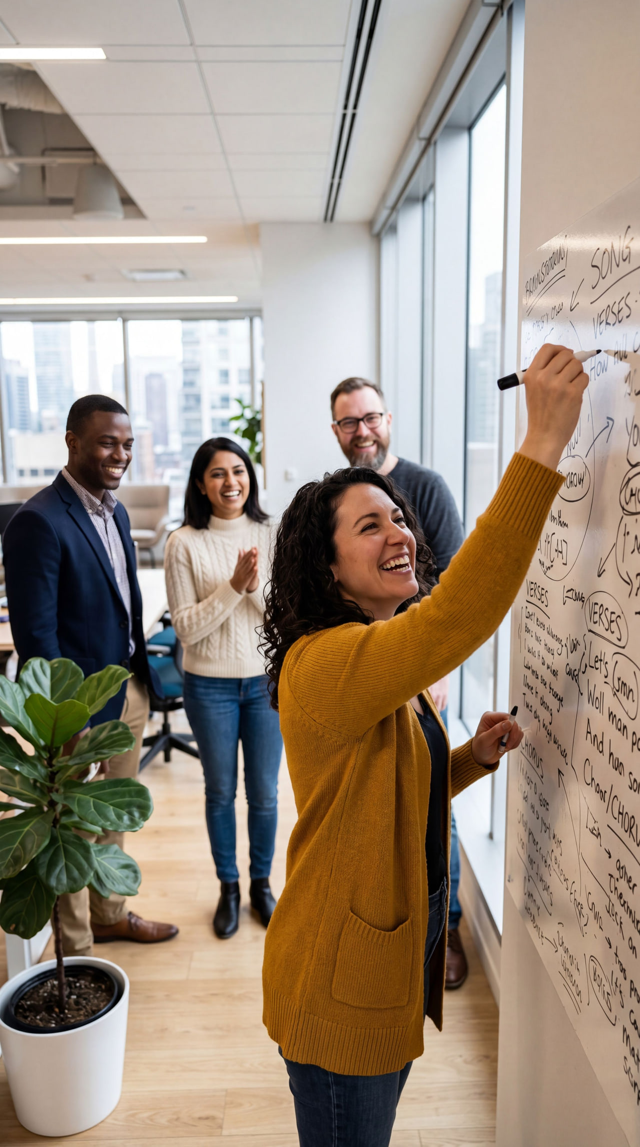 Smiling Song CoLab facilitator at a whiteboard while teammates watch lyrics come together