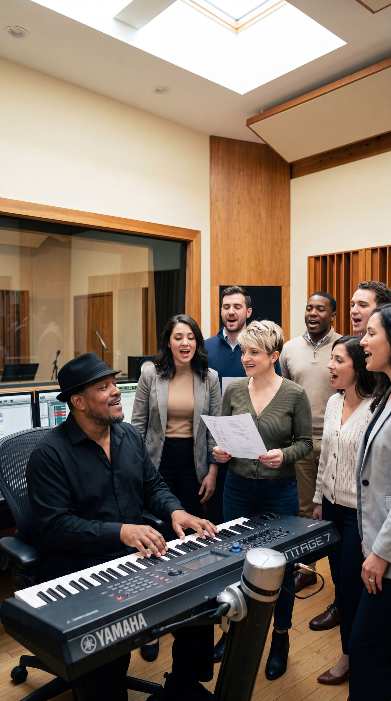 Workshop team singing a finished chorus around a Yamaha keyboard at a Toronto recording studio