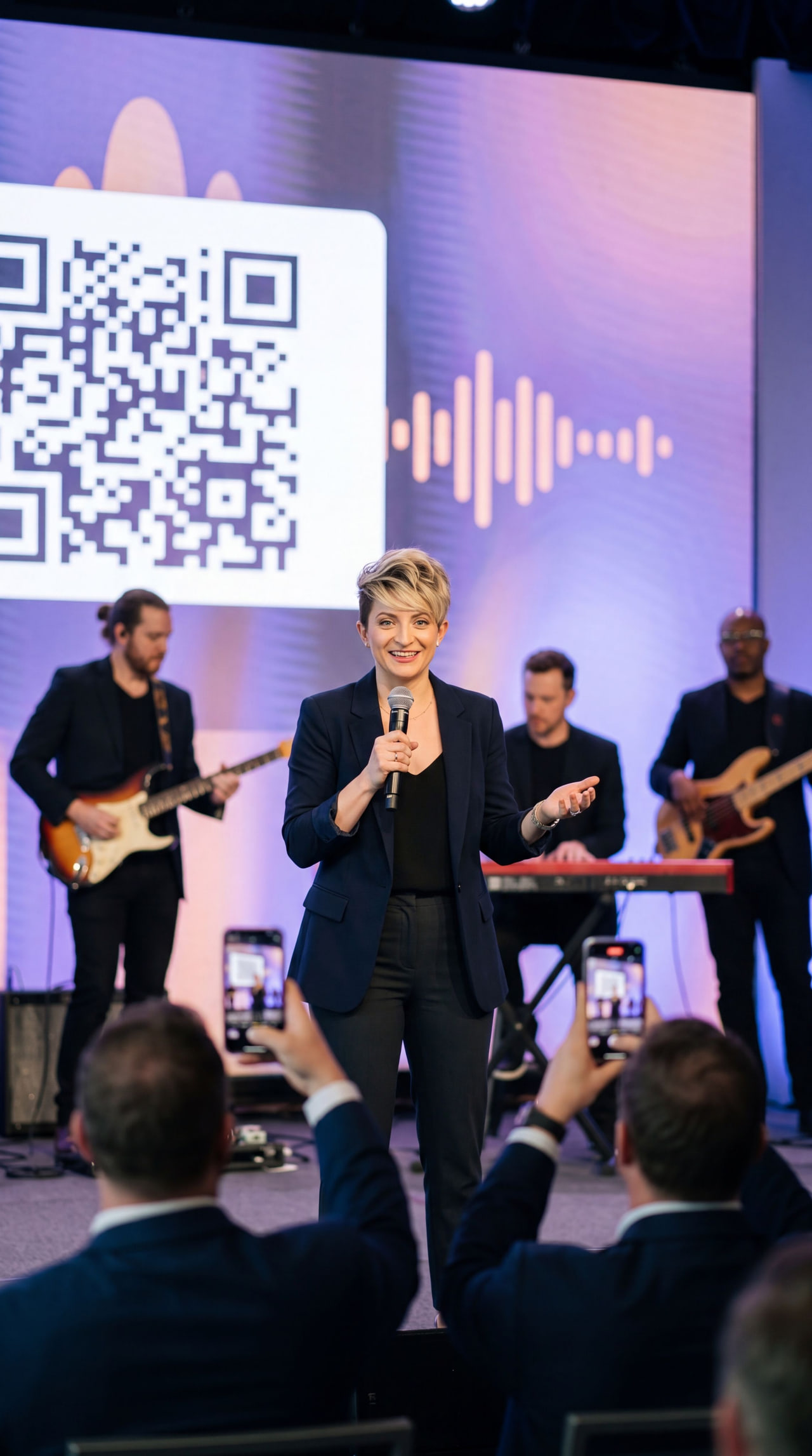 Live performance with audience holding phones to vote on the next song while a band plays
