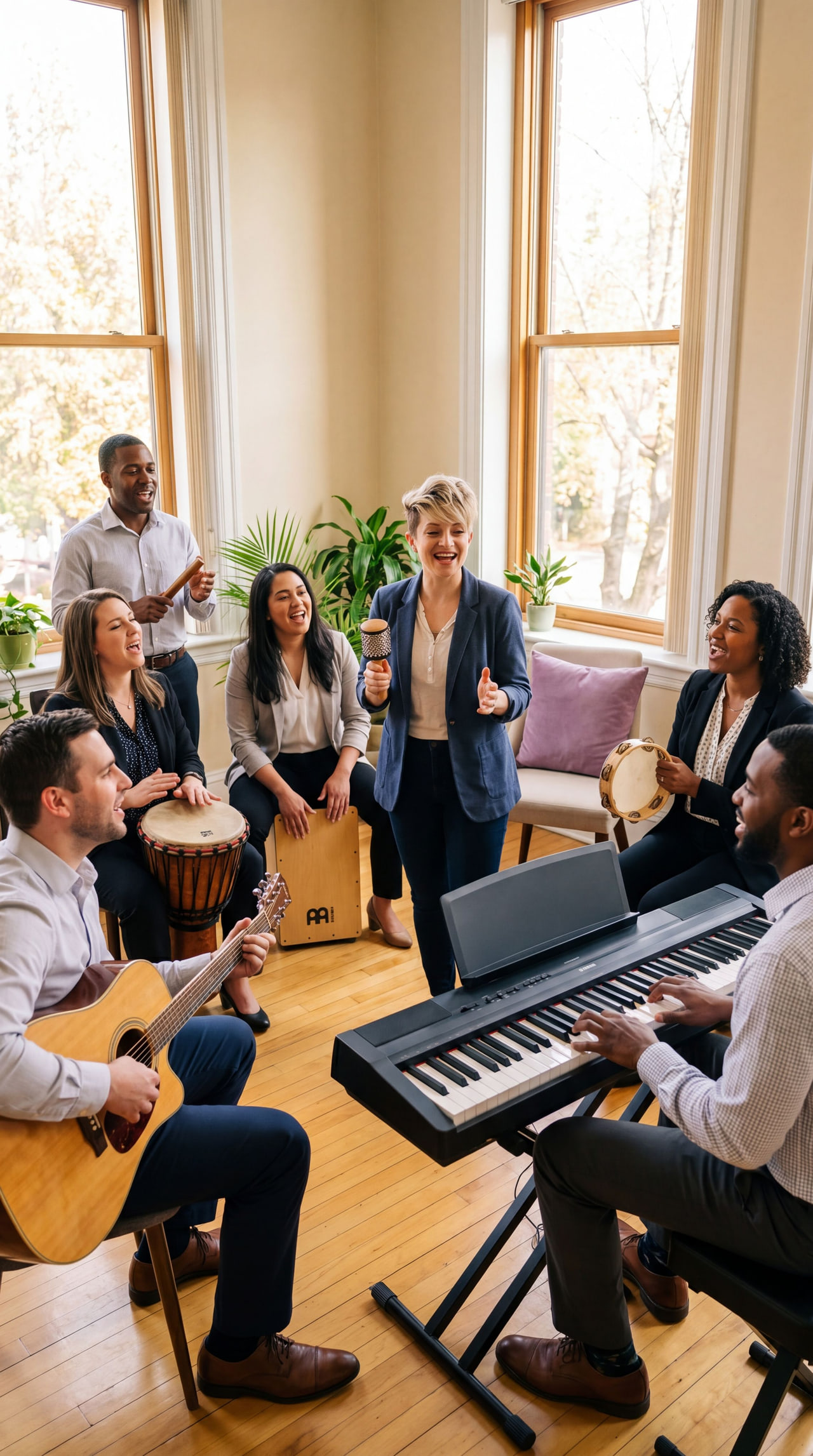 Workshop circle in a sunlit room with team members on guitar, drum, percussion, and keyboard