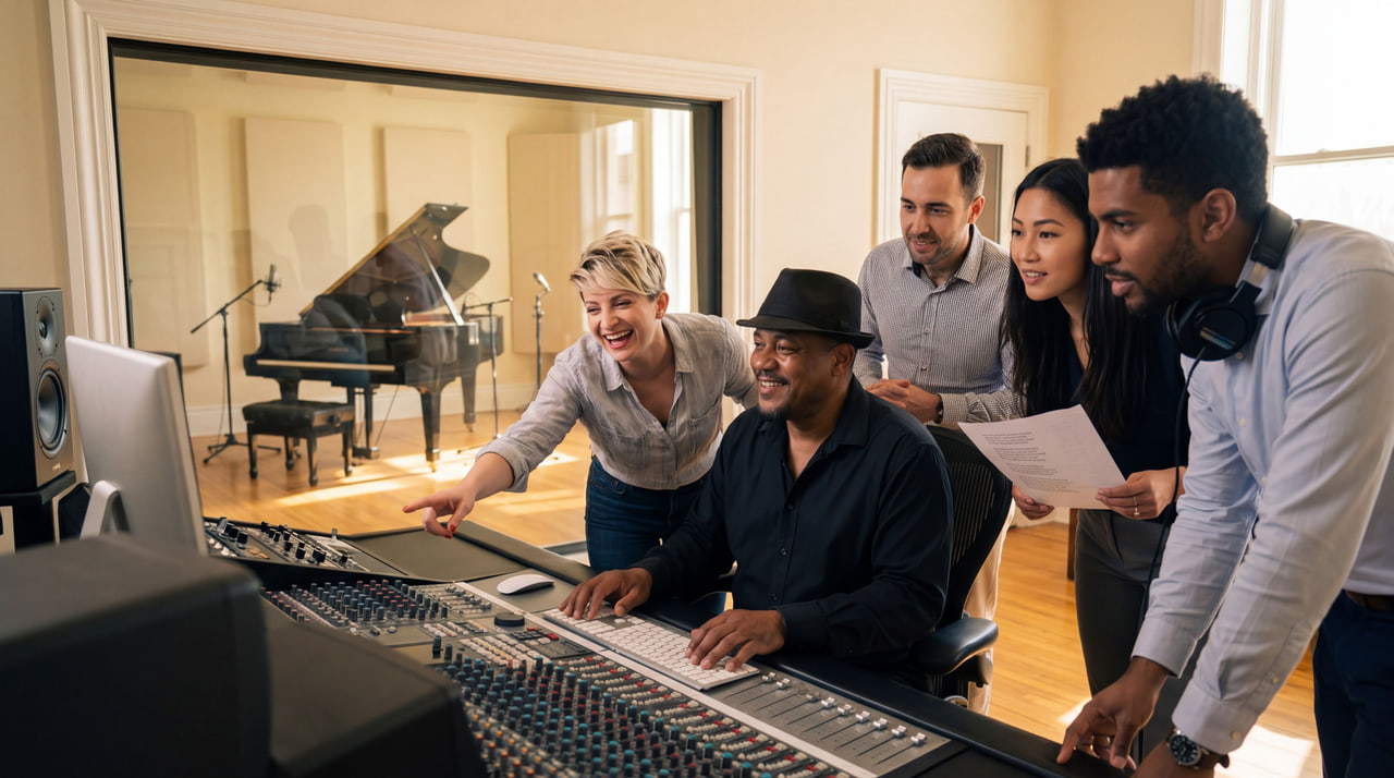 Producer at a mixing console teaching the team about mixing their original song
