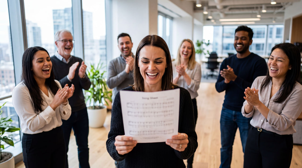 Team applauding as a colleague reads the finished song sheet at the end of a workshop
