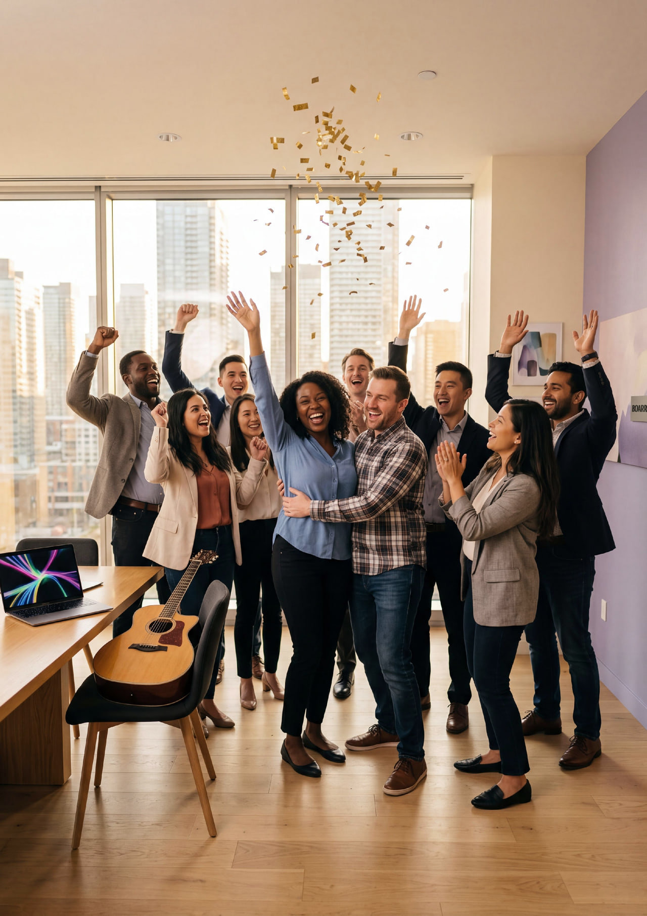 Team celebrating with confetti and arms raised after finishing their original song, Toronto skyline visible through the window