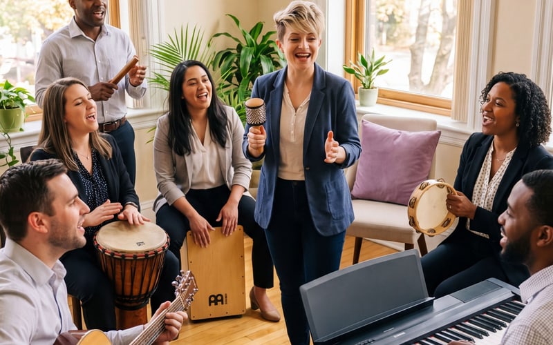 The Jam Experience — workshop circle with team holding djembe, cajón, guitar, keyboard, and percussion