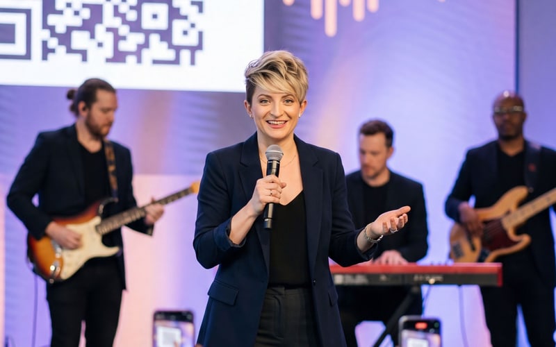 Interactive Keynote — host on stage with live band and QR code on screen, audience holding phones