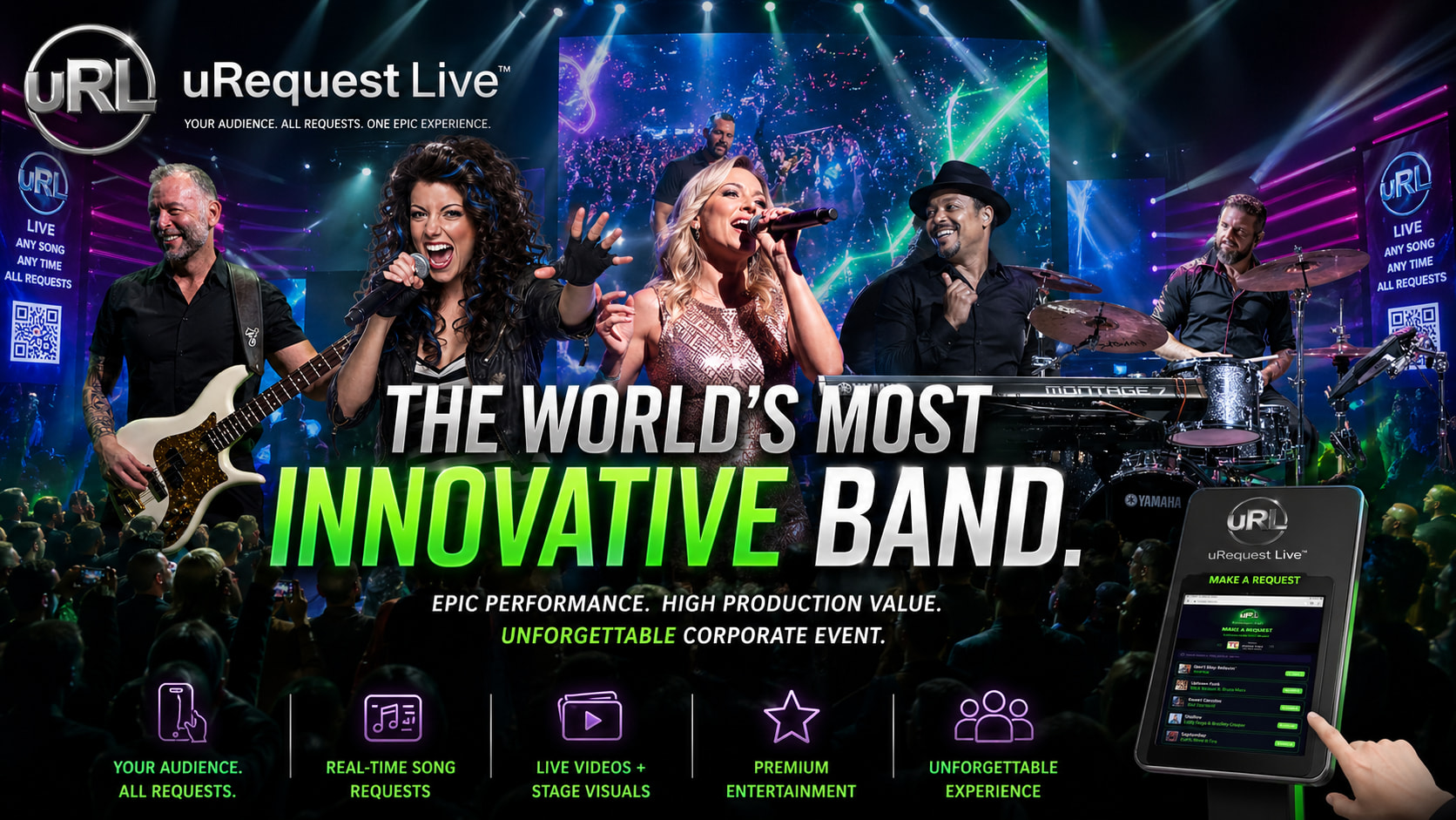 uRequest Live — interactive live band with two lead vocalists, saxophone, full rhythm section, and a packed audience requesting songs from their phones at a Toronto corporate event