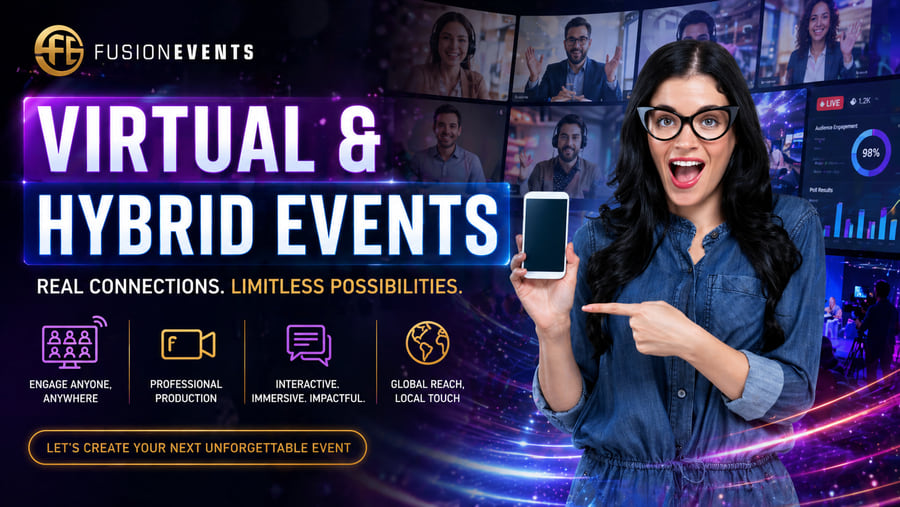 Fusion Events virtual and hybrid event host engaging a global audience with live polls, video grid of remote attendees, and real-time engagement dashboard