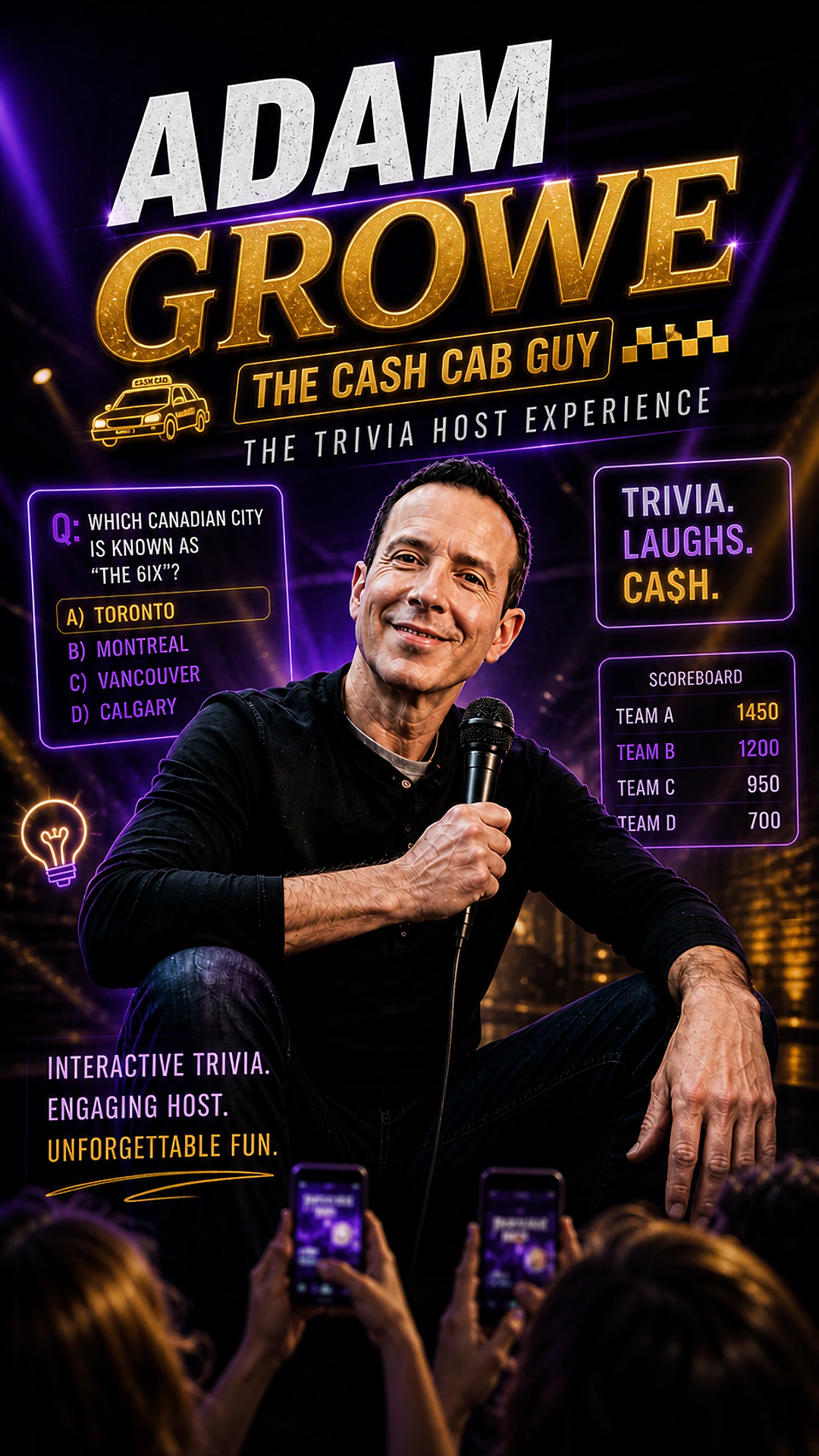 Adam Growe — host of Cash Cab and The Trivia Host Experience for Toronto corporate events, holding a microphone with live trivia question, scoreboard, and audience phones in frame