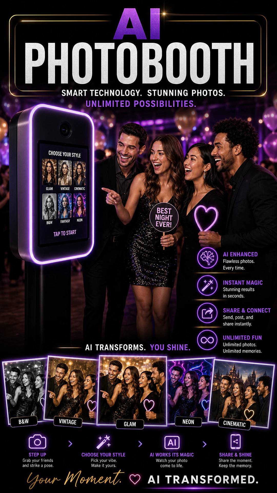 AI Photo Booth Toronto — neon-lit kiosk with style selection screen and a group of guests posing for AI-transformed photos in glam, vintage, neon, and cinematic styles