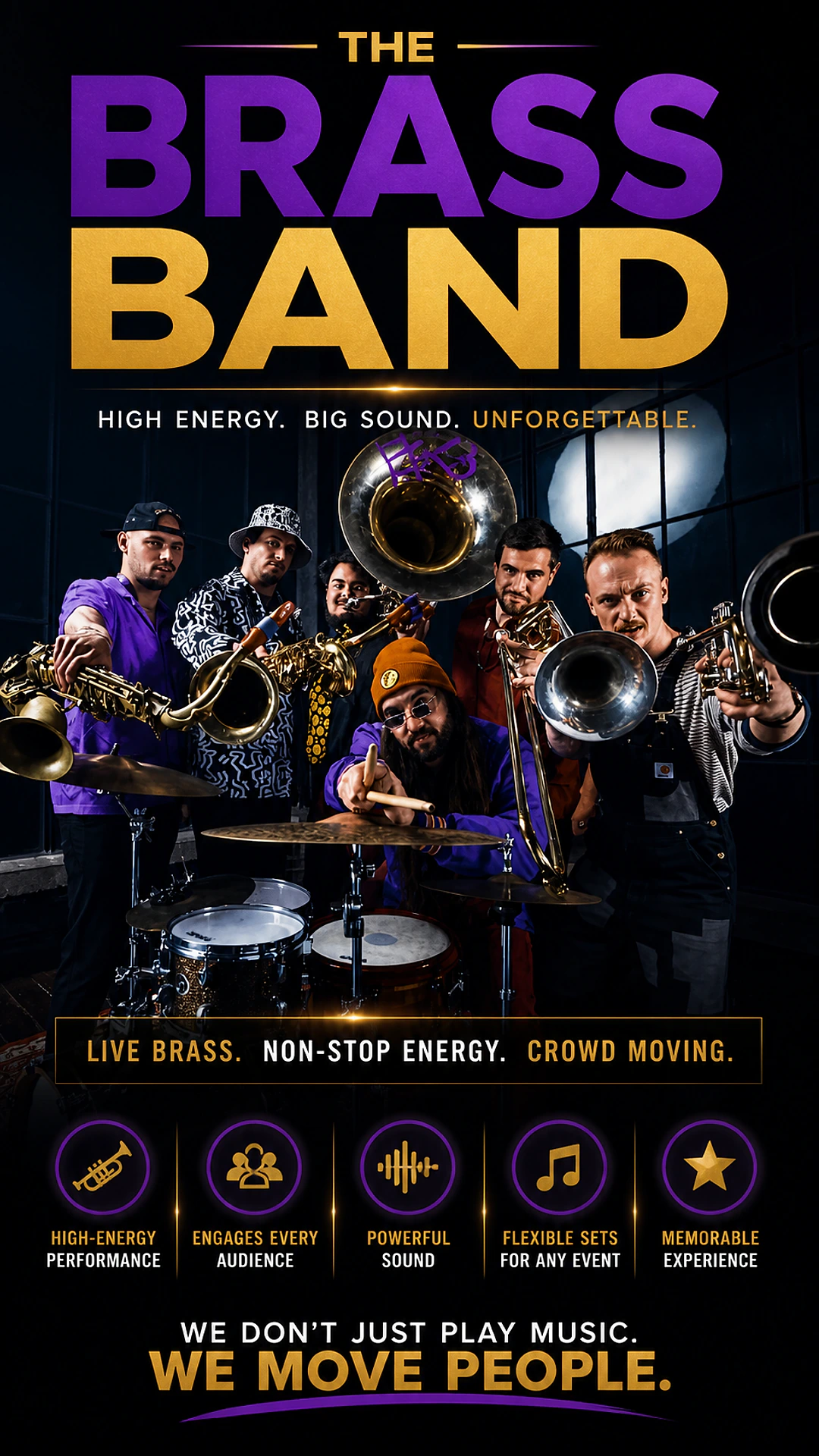 The Brass Band — high-energy live brass band for Toronto corporate events, with saxophones, trumpets, sousaphone, and drummer delivering non-stop crowd-moving performances