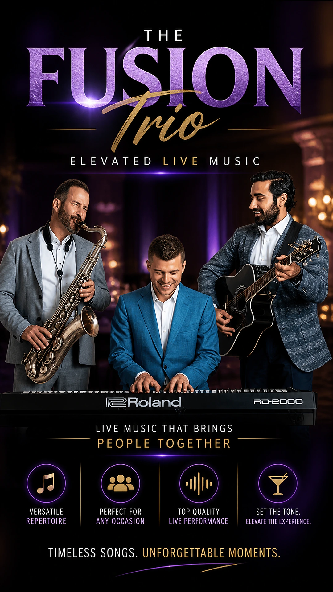Fusion Trio — elevated live music for Toronto corporate events with saxophonist, pianist on Roland keyboard, and guitarist performing in an upscale ballroom