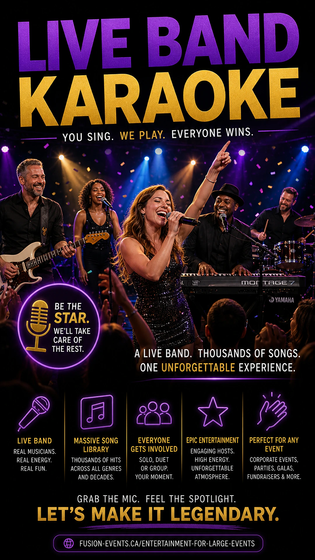 Live Band Karaoke for Toronto corporate events — guest singer on stage holding a microphone with a professional live band, vocalists, guitarist, keyboardist, and drummer backing them under spotlight
