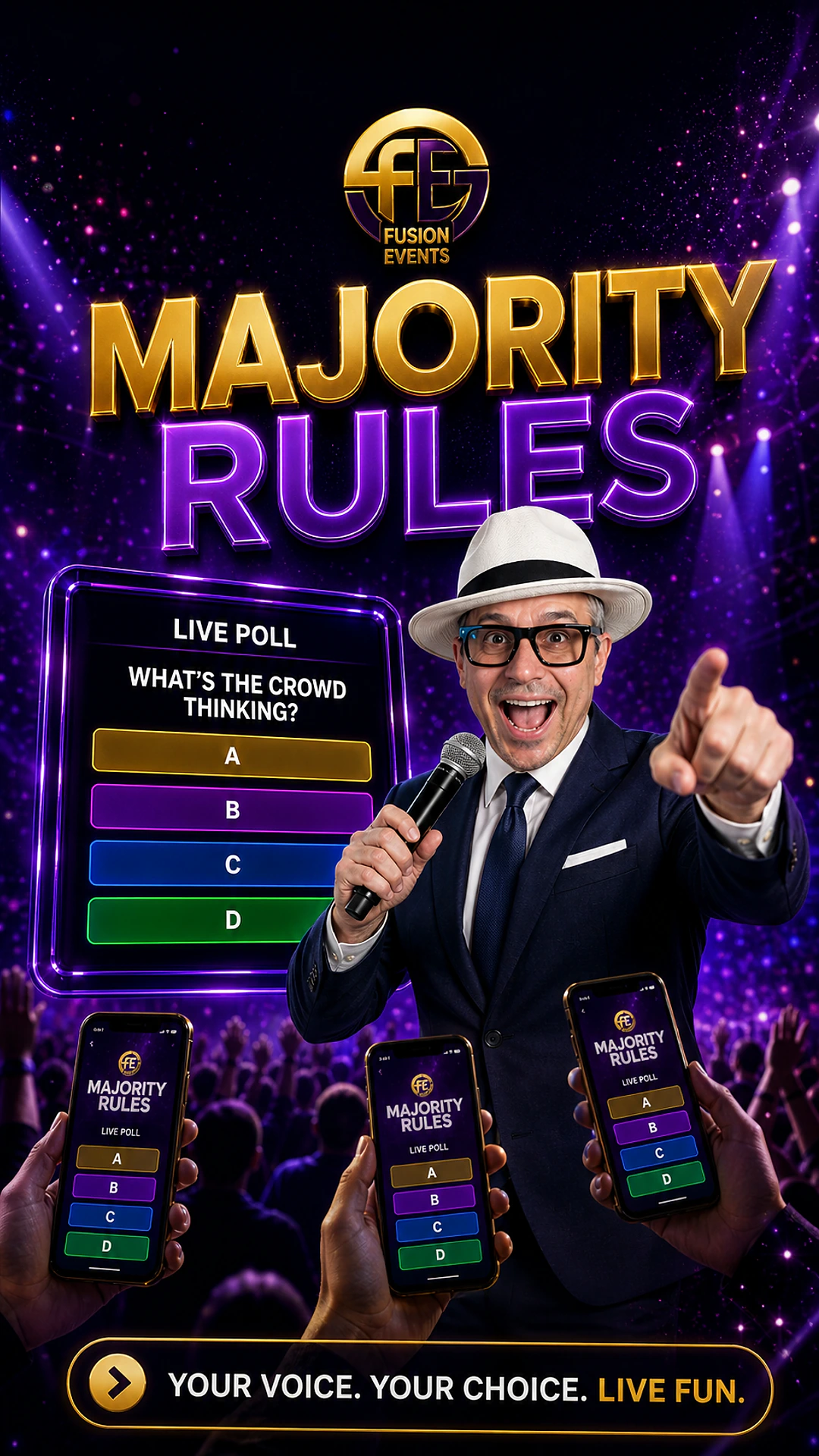 Majority Rules — interactive corporate game show by Fusion Events with a live host in a fedora, on-screen audience poll, and attendees voting in real time from their smartphones