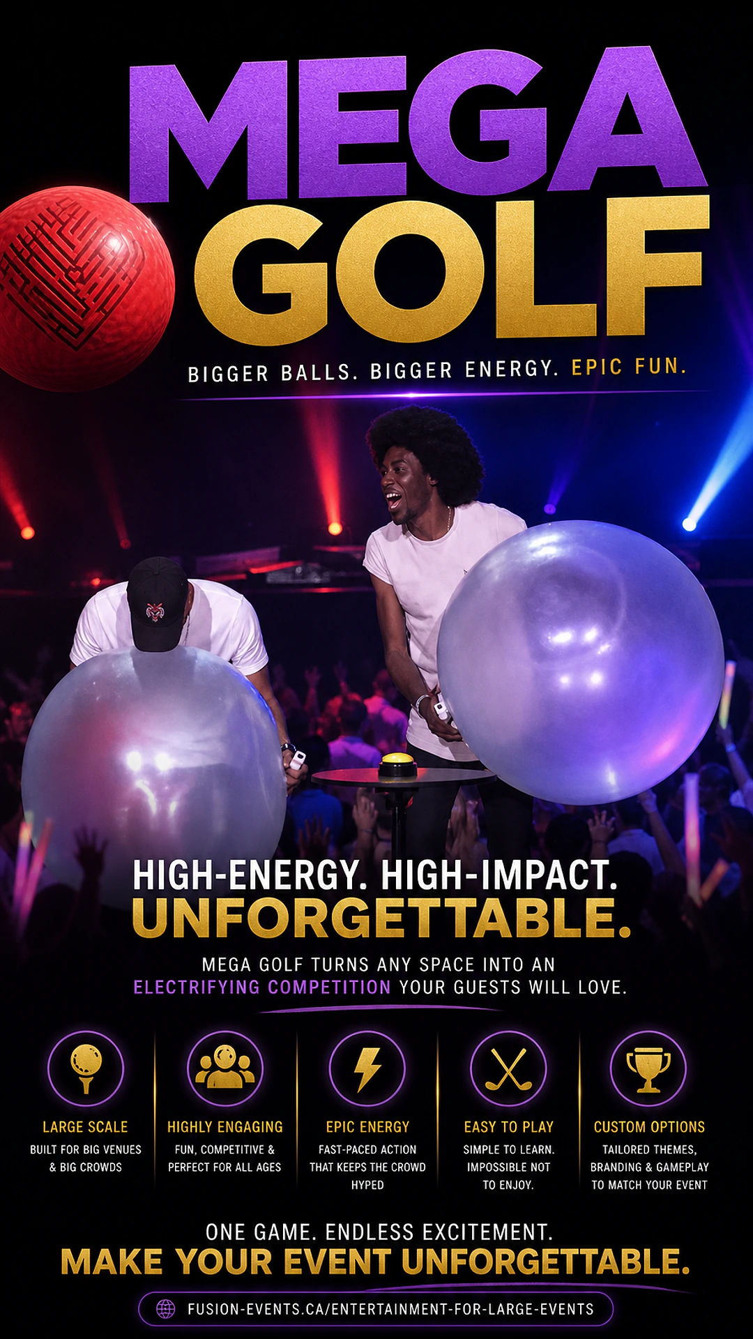 Mega Golf — large-scale interactive game for Toronto corporate events with two contestants holding oversized luminescent golf balls in front of a packed stage audience