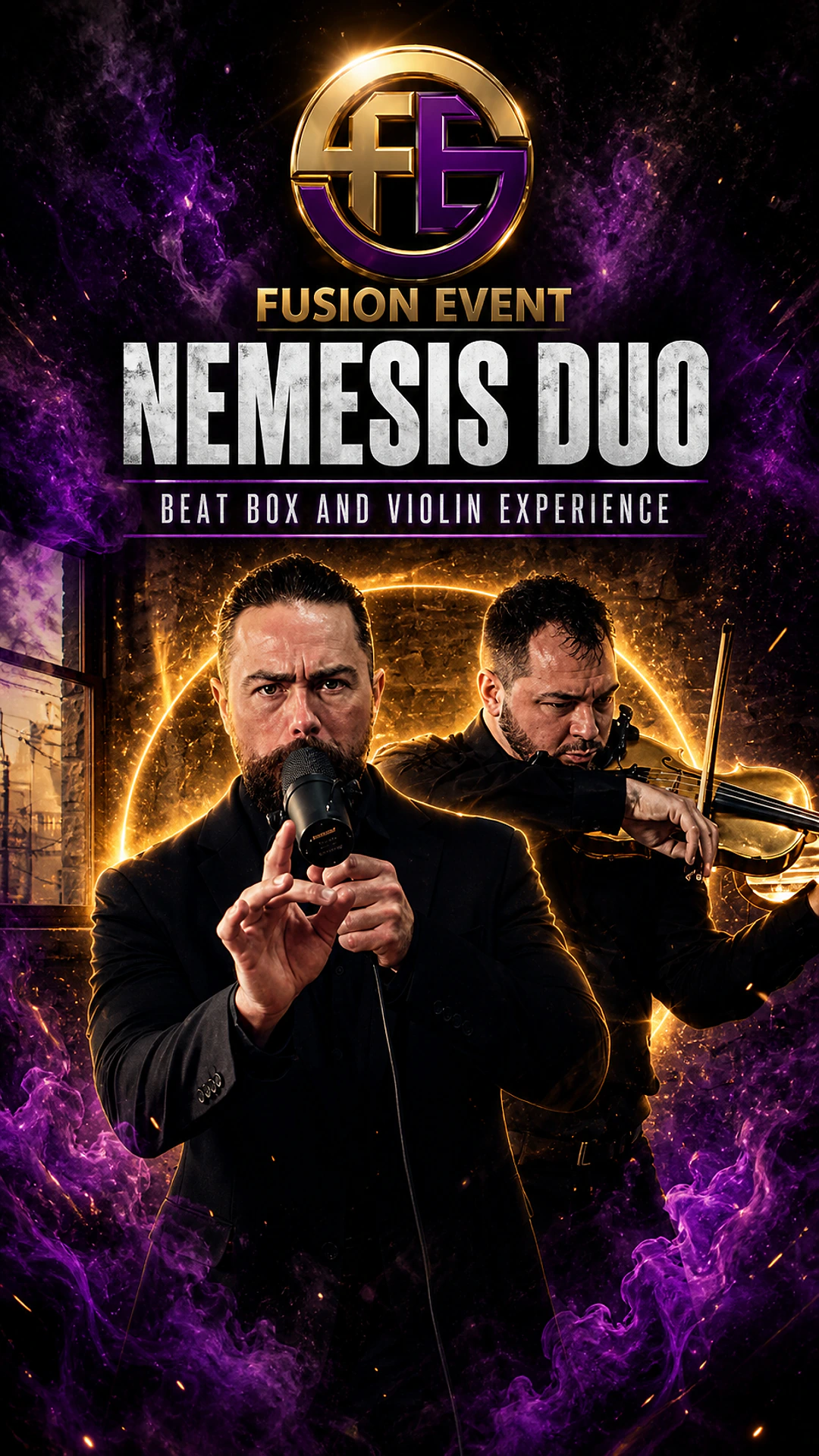 Nemesis Duo — beatboxer at the microphone and electric violinist performing live on a Toronto corporate stage with purple smoke and gold halo lighting