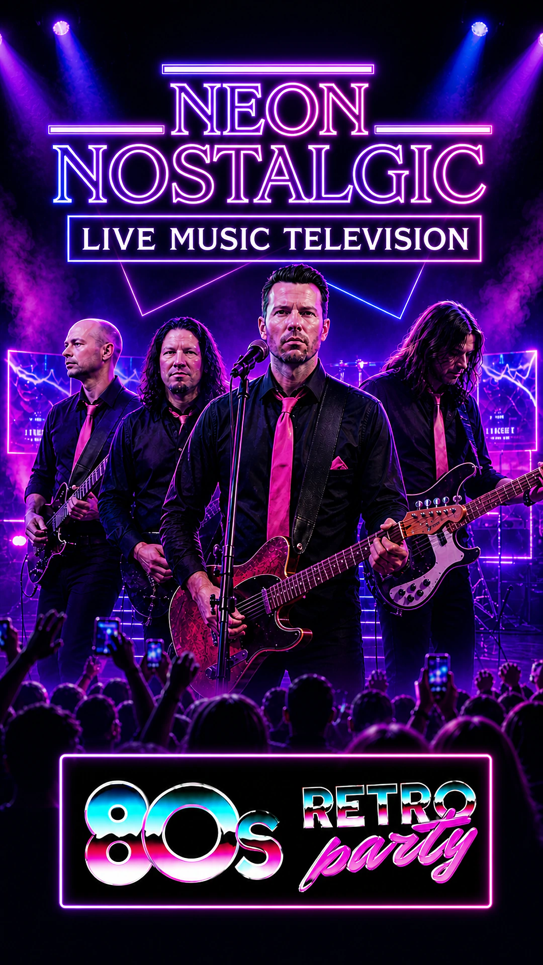 Neon Nostalgic — 80s retro live music television experience with full rock band on stage, neon-pink stage lighting, and a packed audience at a Toronto corporate event