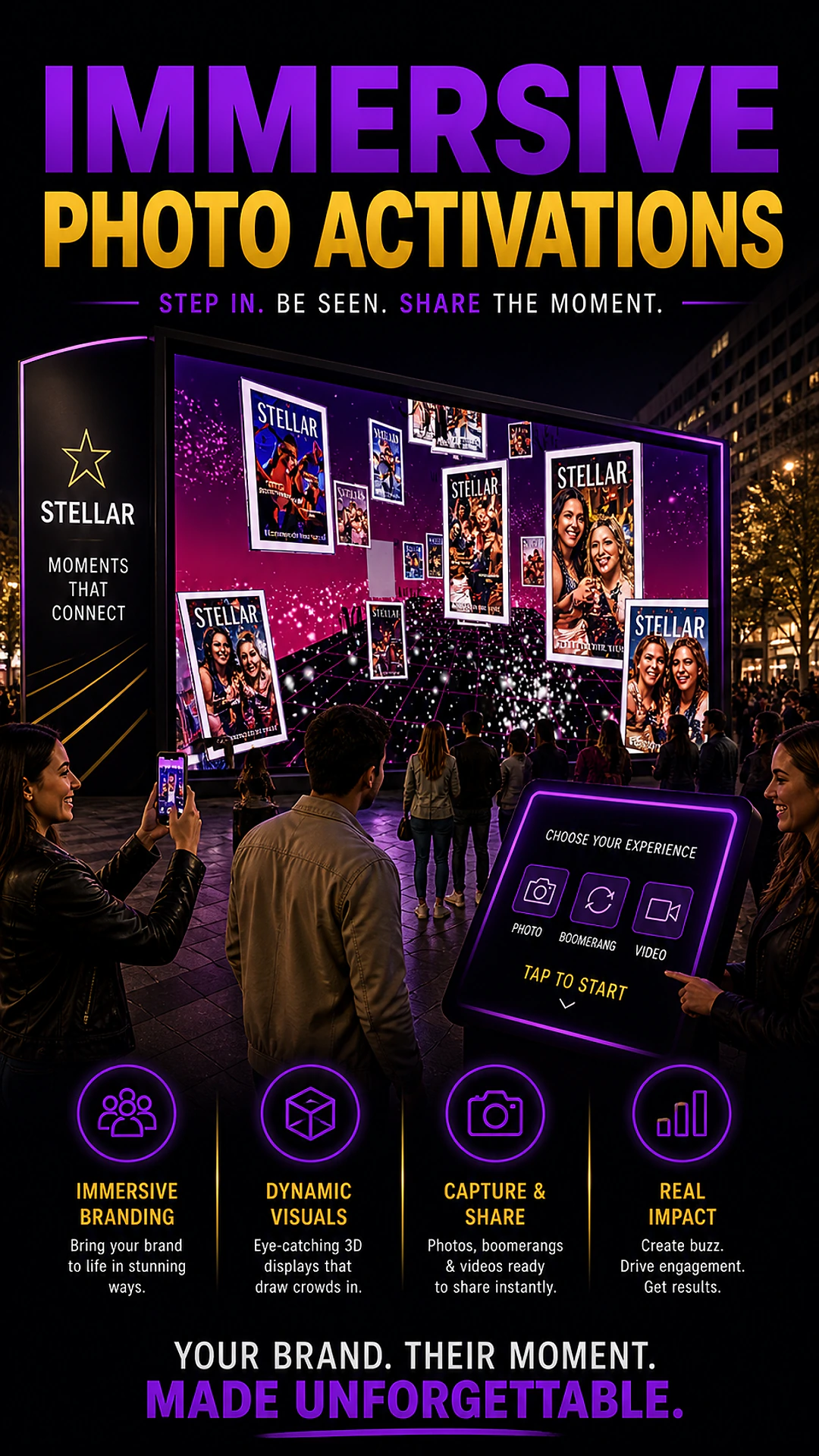 Immersive Photo Activations for Toronto corporate events — branded photo wall with floating prints, attendees capturing content on phones, and a touch-screen kiosk for photo, boomerang, and video experiences