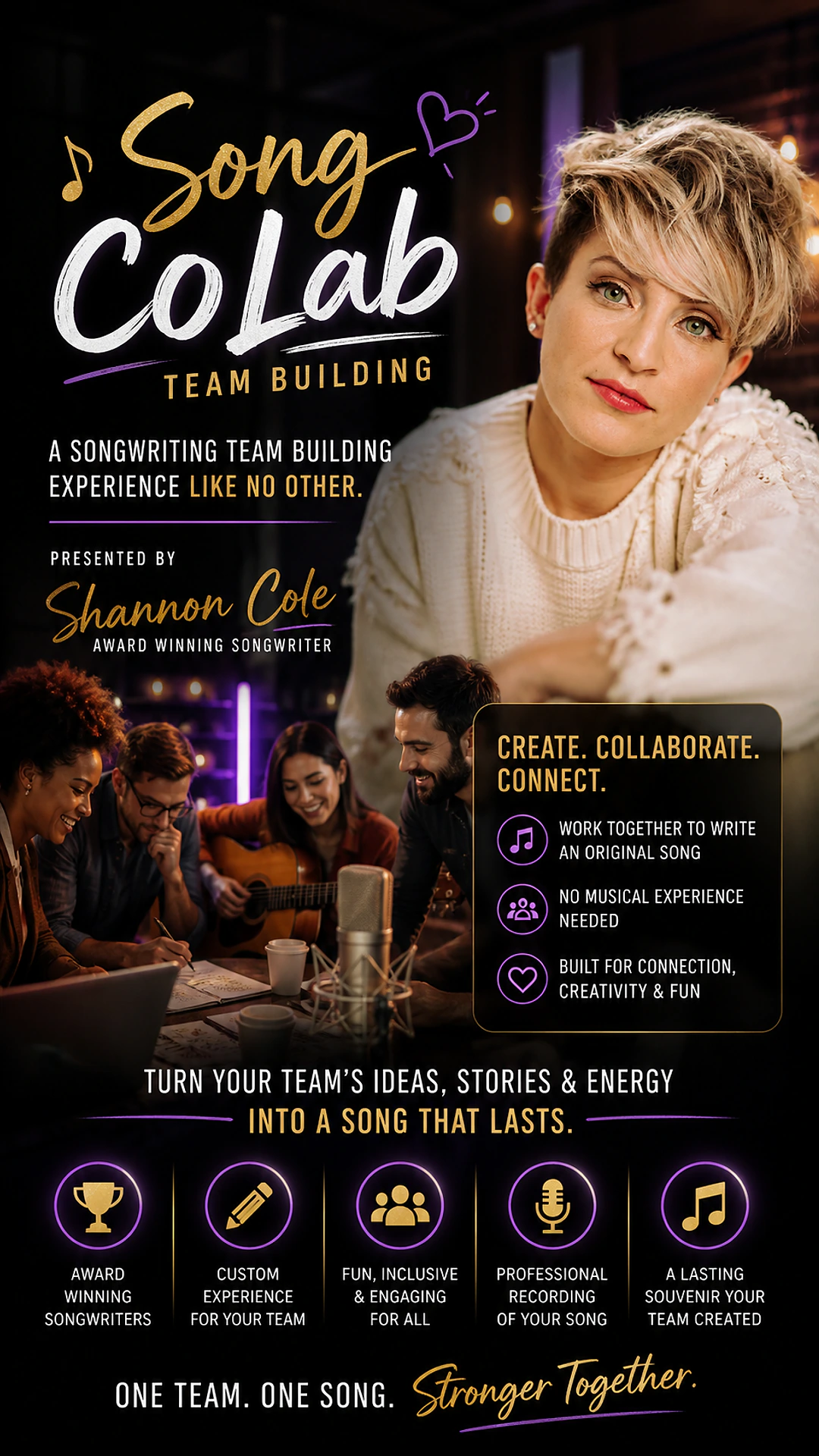 Song CoLab songwriting team building experience in Toronto, hosted by award-winning songwriter Shannon Cole, with a corporate team co-writing an original song around a guitar and studio microphone