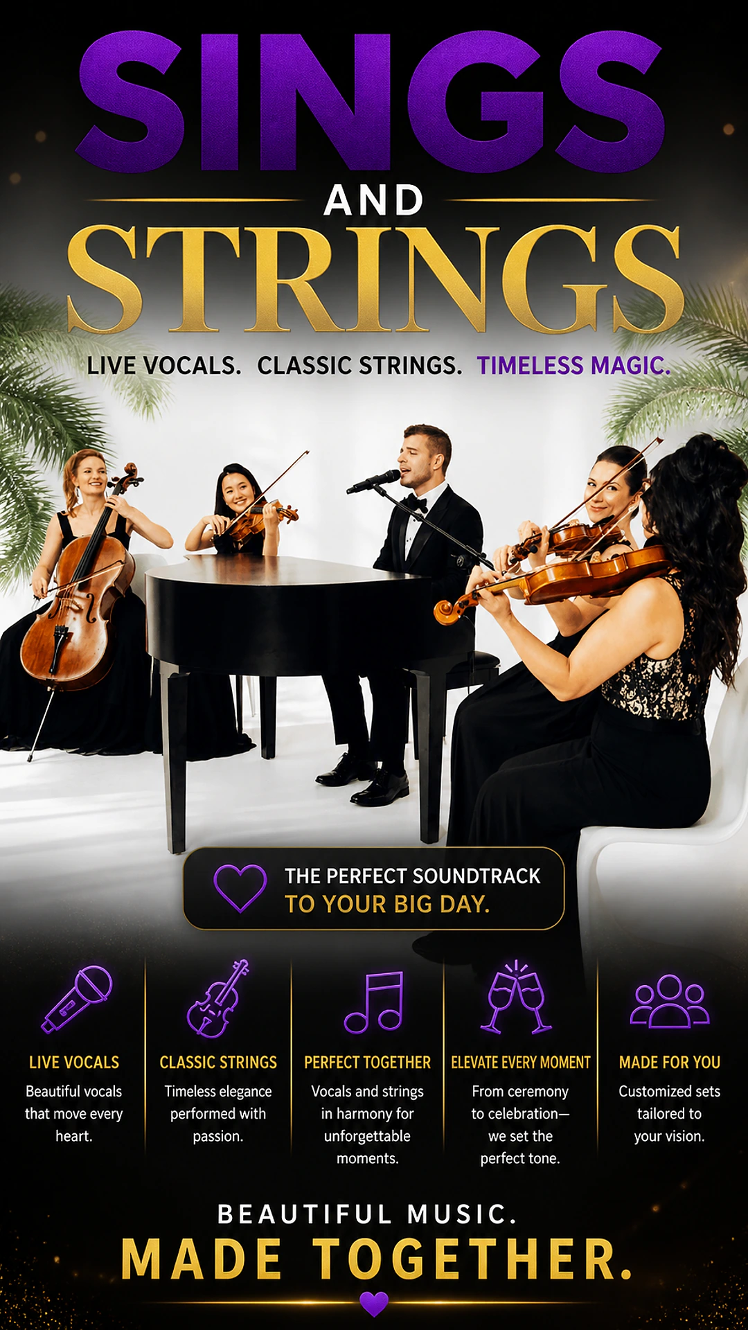 Strings and Sings string quartet for Toronto weddings and corporate events — male tuxedo vocalist on grand piano with female cellist and violinists in black gowns
