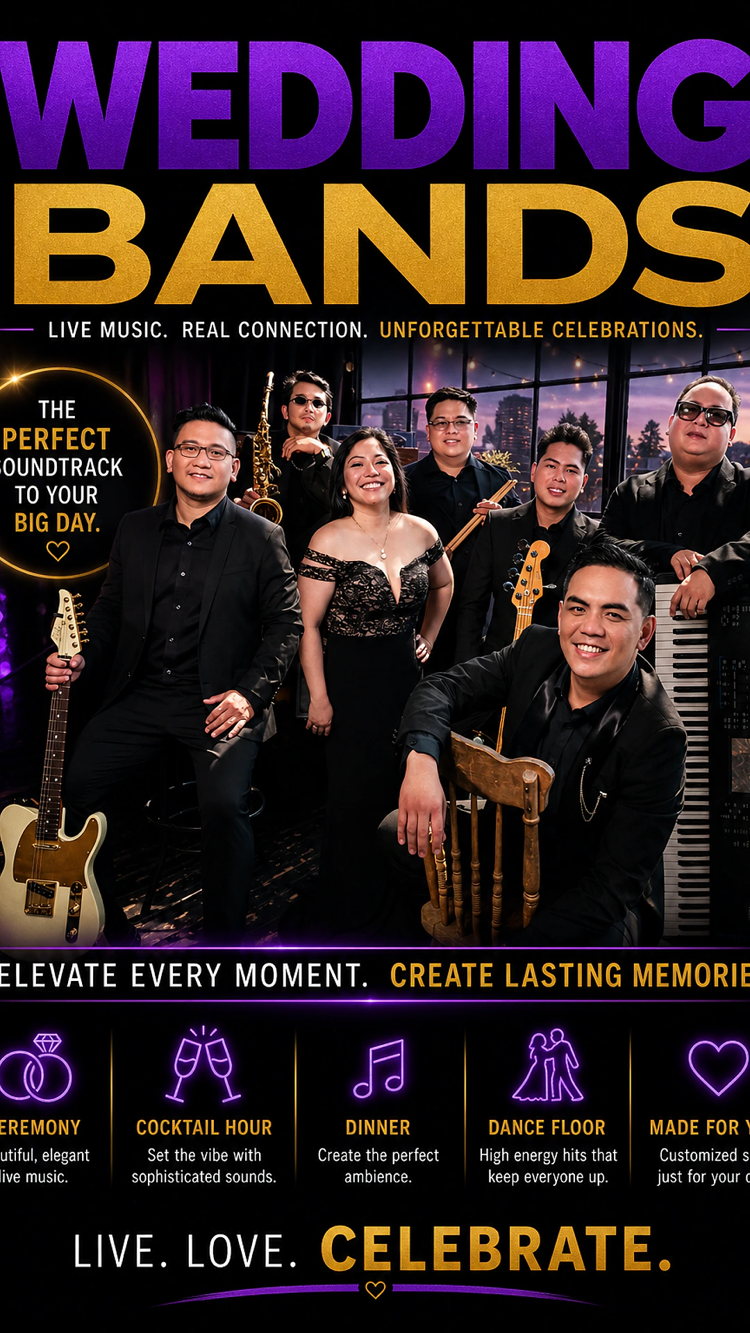 Toronto wedding band — full live band roster with vocalists, saxophone, guitar, bass, and keyboards delivering ceremony, cocktail hour, dinner, and dance floor music for weddings