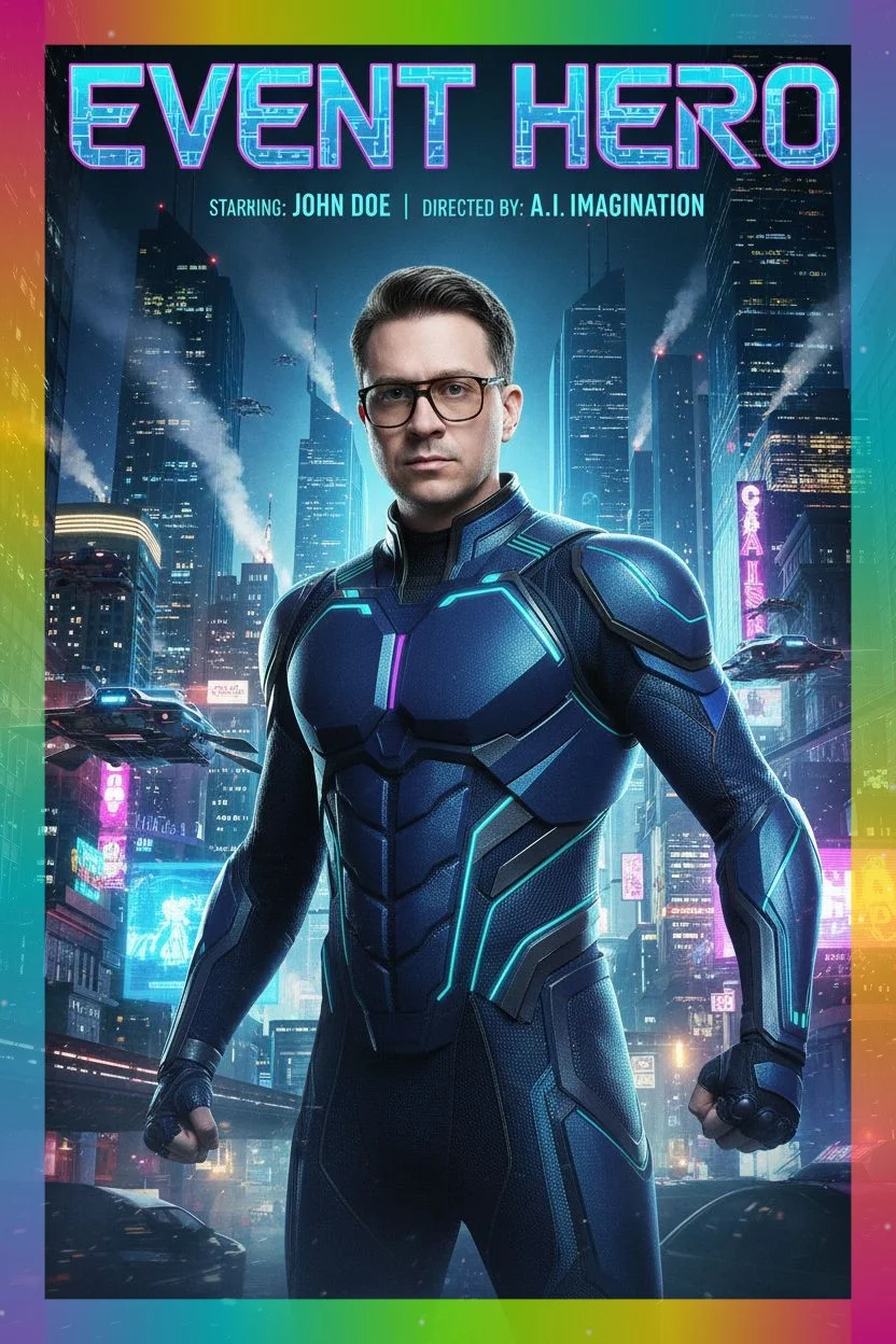 AI photo booth event hero poster — branded event poster AI transformation for corporate events