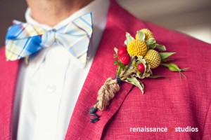 Billy buttons (Craspedia) and hypericum berries boutonniere 