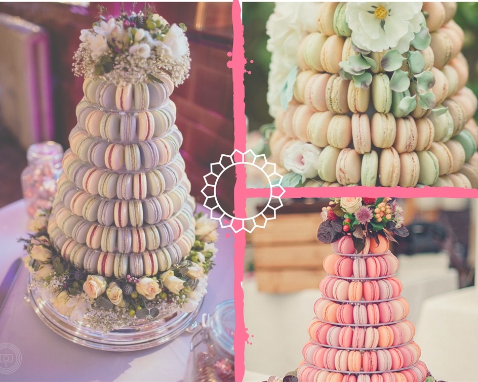 A collage of macaroon cakes